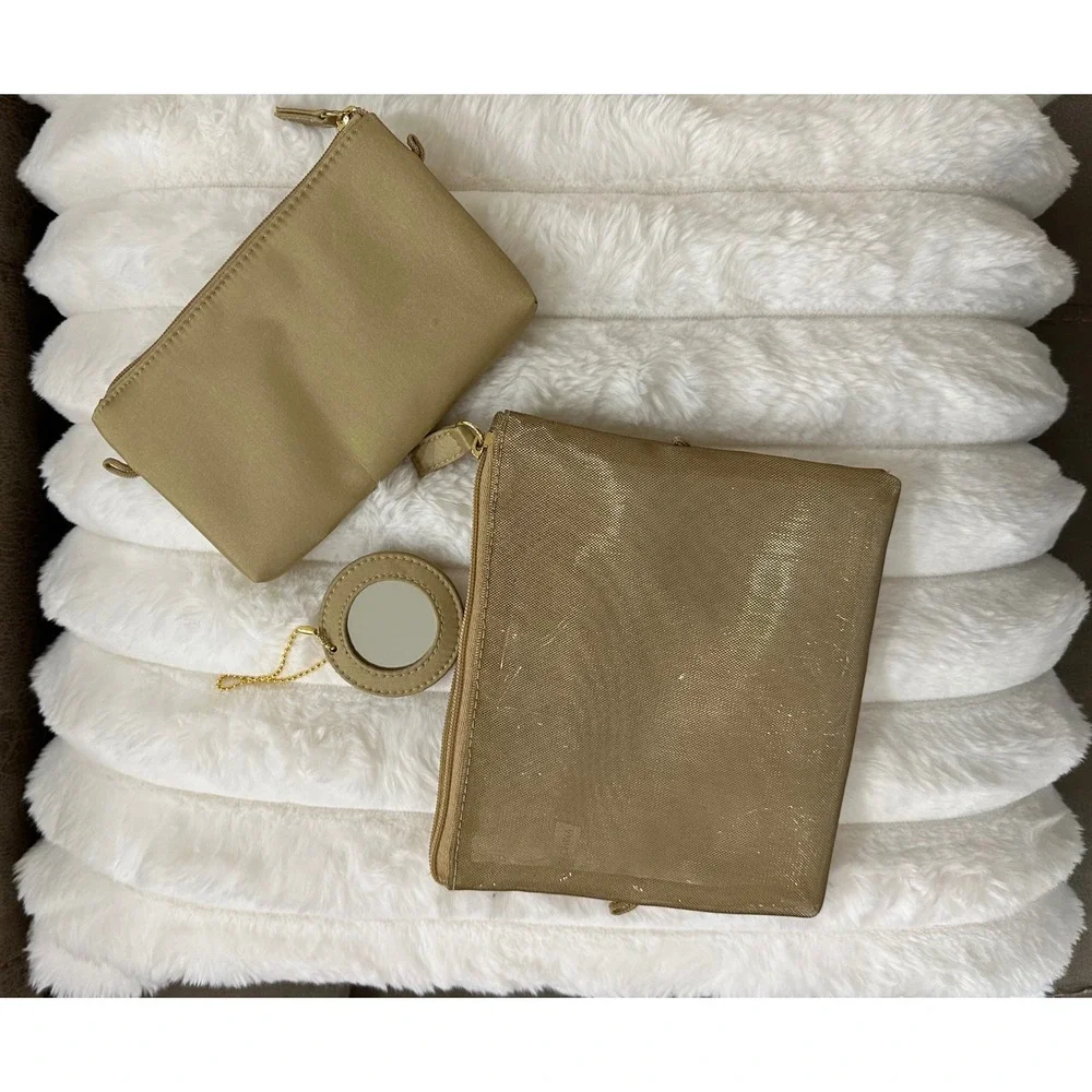 Unbranded Gold Shimmer Makeup Bag Set 3 Piece Mesh Pouch and Mirror